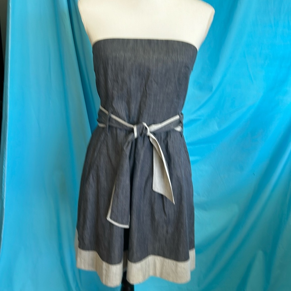 Theory size 10 denim look strapless dress with belt & hemline trim